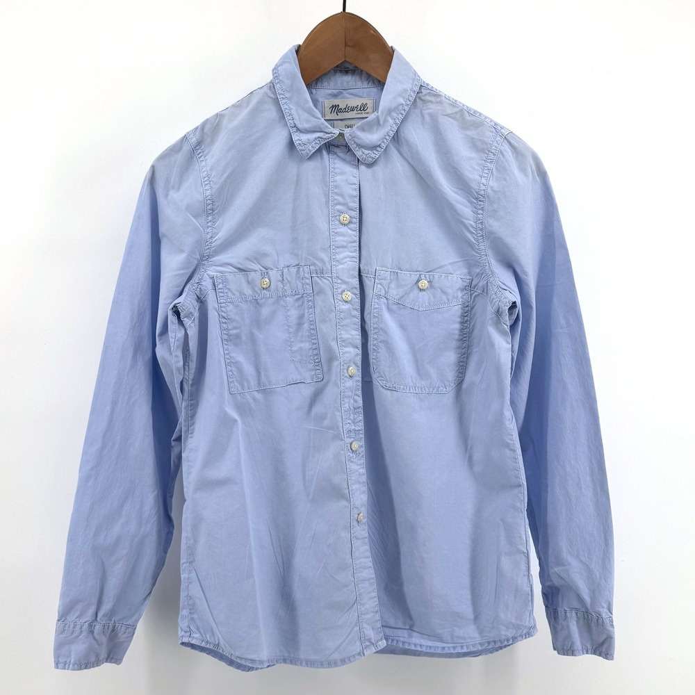 Madewell Button Up Shirt Women Small Blue Cotton Long Sleeve Coastal Grandmother